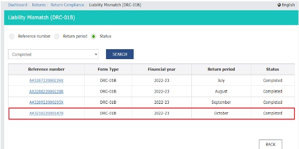 the status of the Form DRC 01B